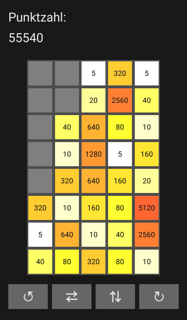 Ein benutzerdefiniertes Spielfeld mit erhöhter Reihen- und SPaltenanzahl, gefüllt mit verschiedenen Kacheln.