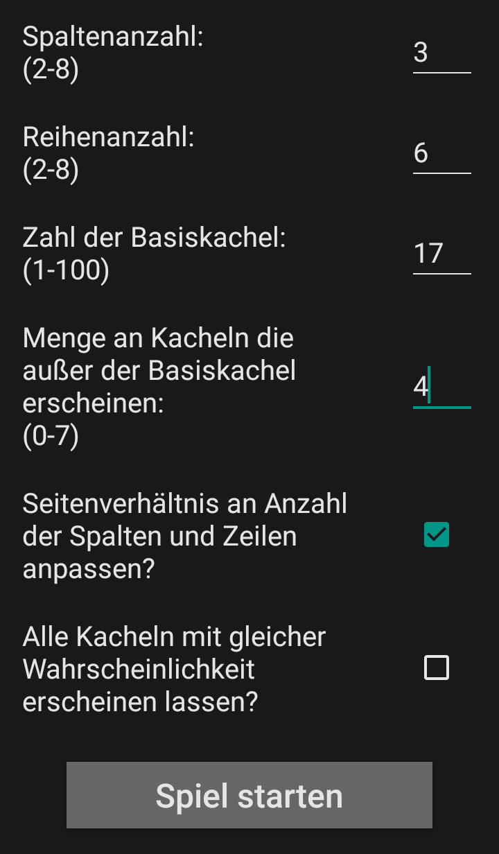 Verschiedene Einstellungen für ein benutzerdefinierten Spiel, die angepasst werden.