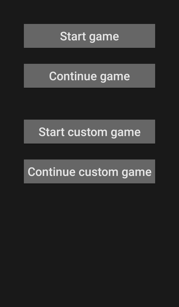 The main menu with buttons for regular and custom games.