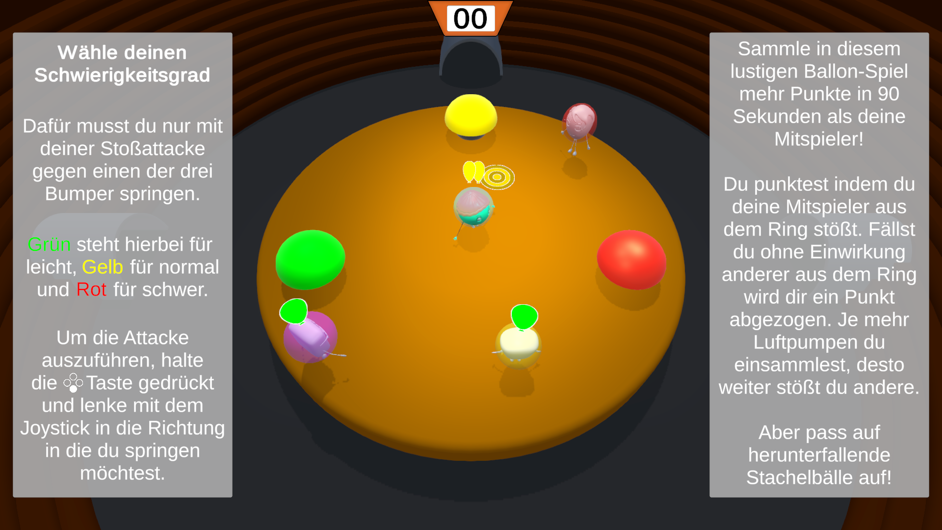 Die Lobby des Spiels, die ein kurzes Tutorial anzeigt und Spielern erlaubt, einen Schwierigkeitsgrad zu wählen.