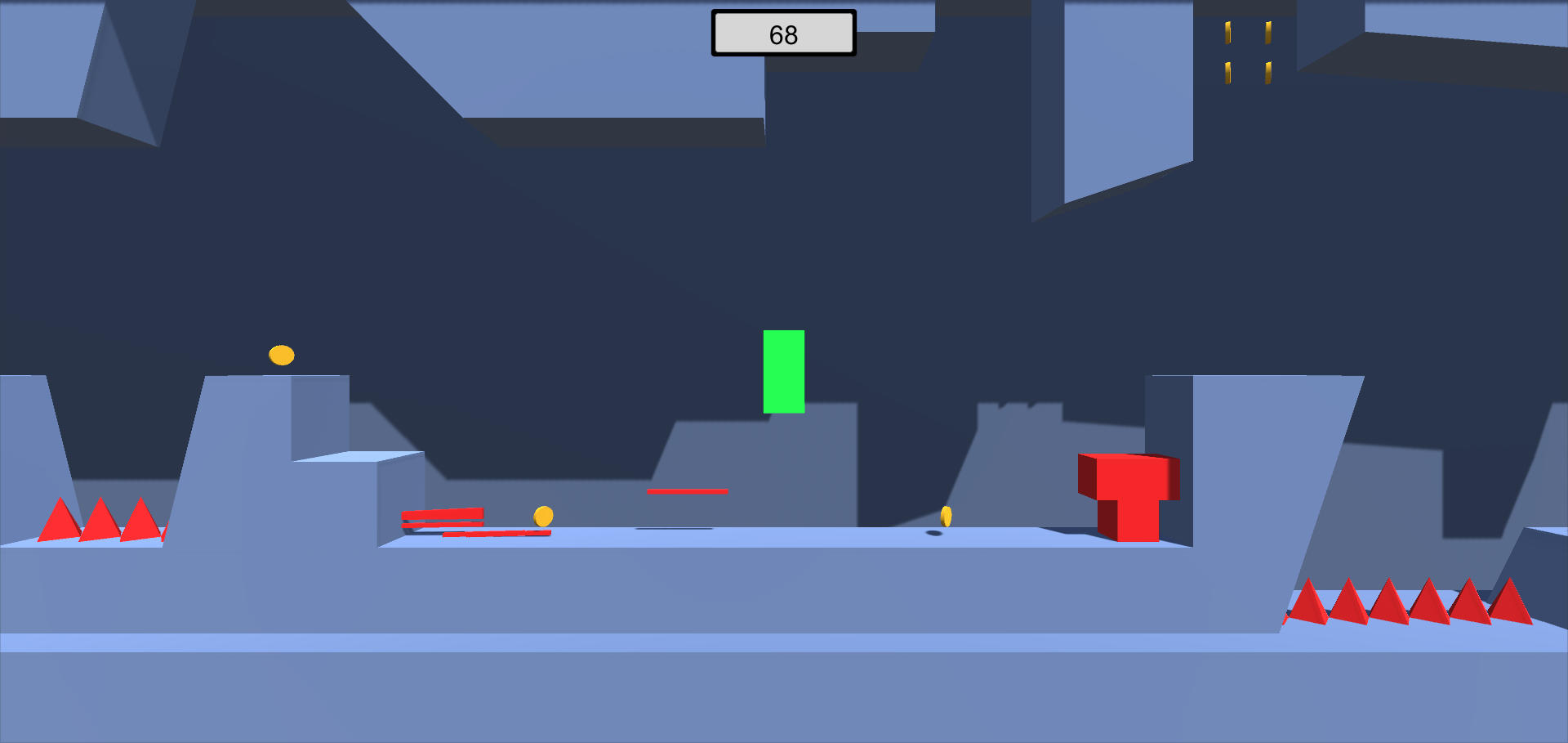 Ein einfacher Gameplay-Abschnitt mit Stacheln, Speerkanonen und sammelbaren Münzen.