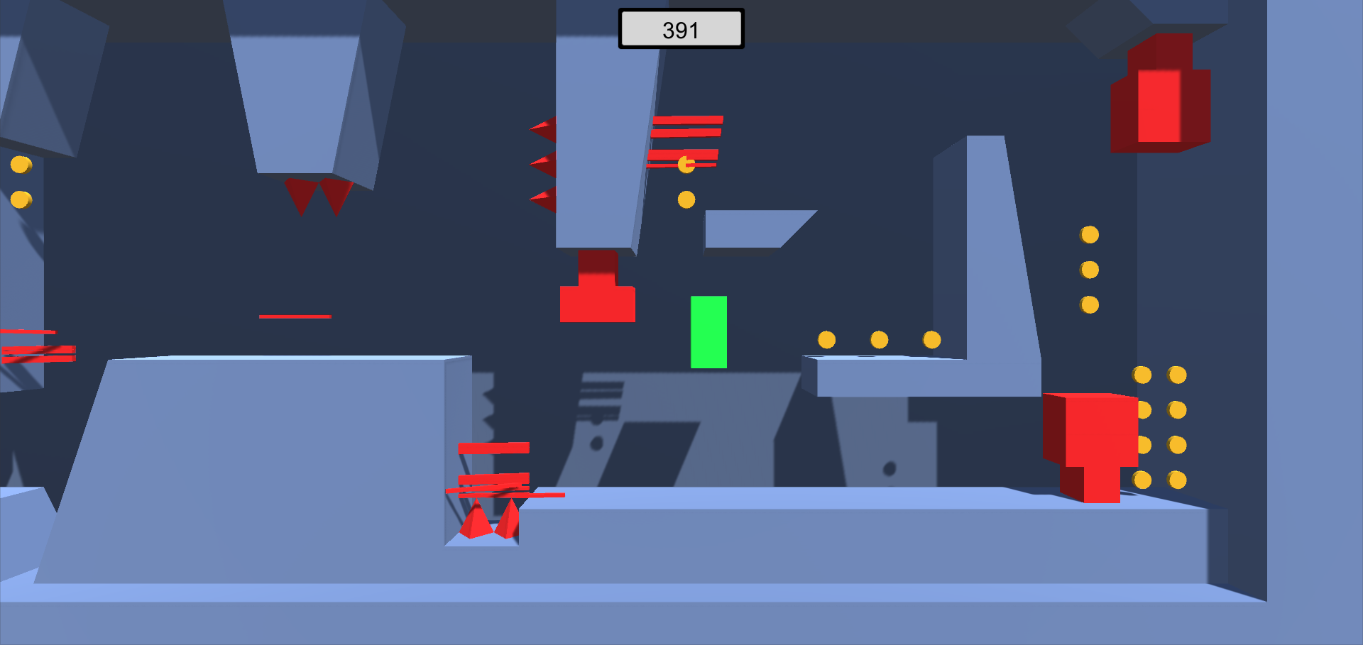 Der finale Gameplay-Abschnitt des Prototypen mit sehr hoher Anzahl an sowohl Hindernissen als auch sammelbaren Münzen.