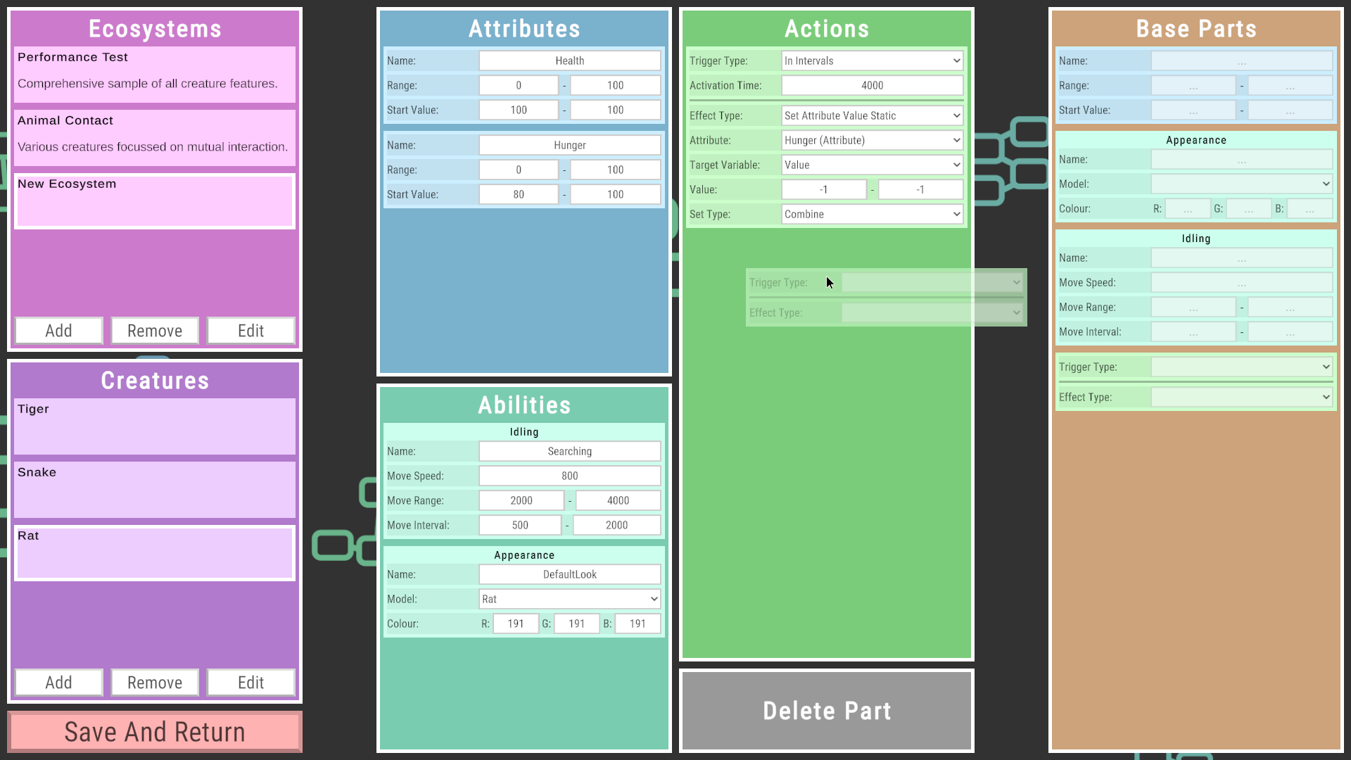 Eine Kreatur wird im Editor über ein Drag-and-drop-Interface bearbeitet.