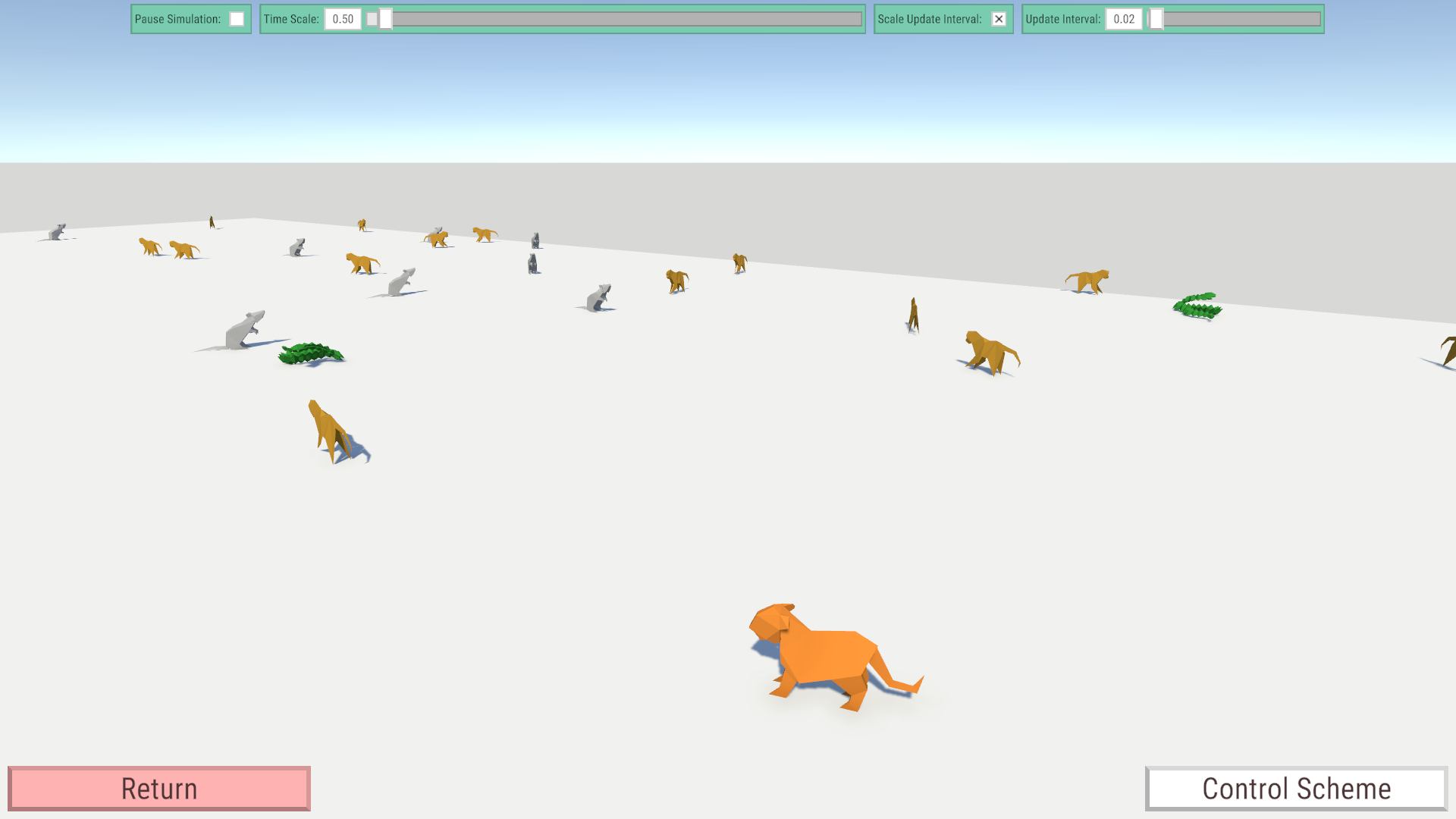 Eine laufende Simulation mit verschiedenen Tieren.