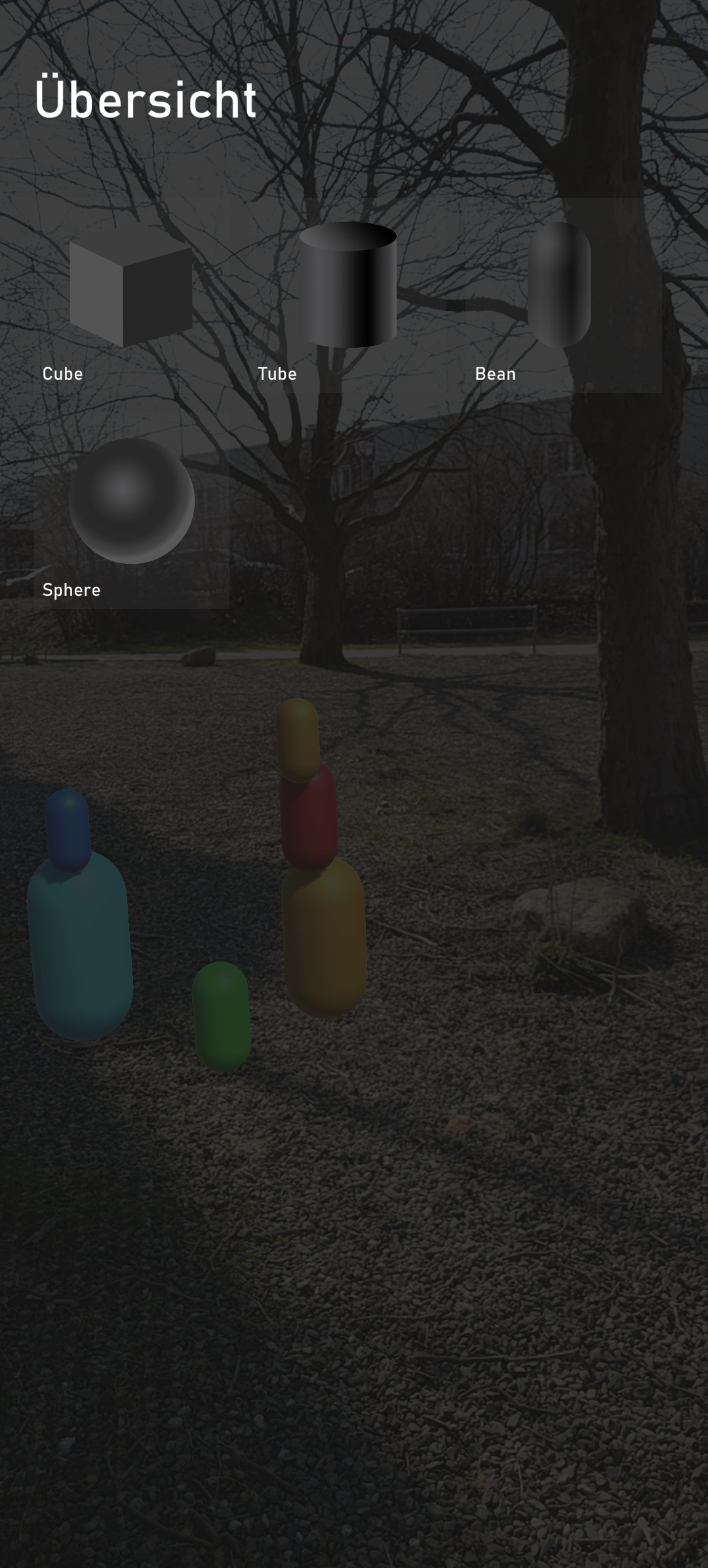 Die Auswahl an Primitivkörpern, aus denen AR-Objekte erstellt werden können.