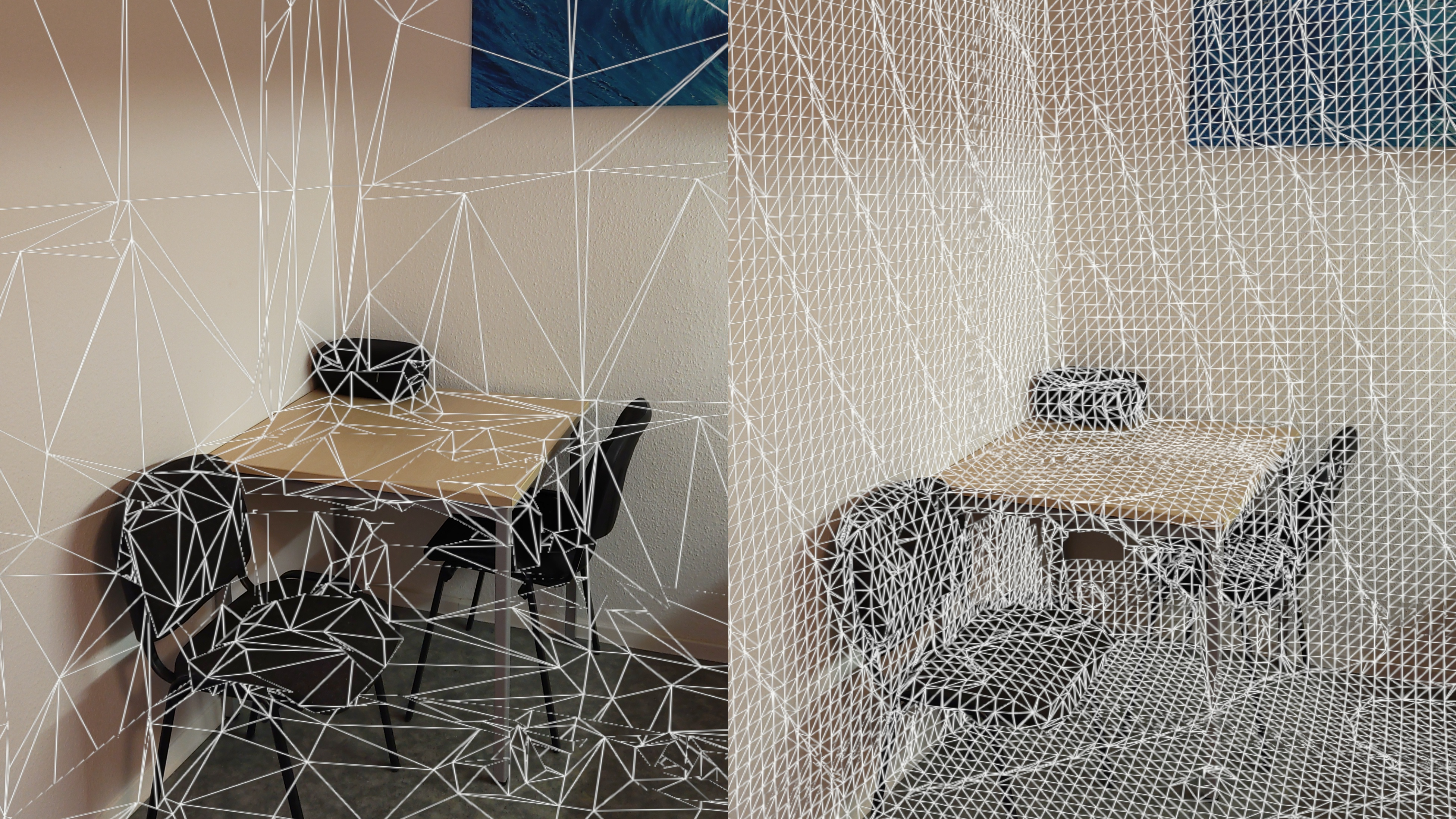 Erstellte Umgebungsmeshs mit unterschielichem Detailgrad werden über einer realen Umgebung eingeblendet.