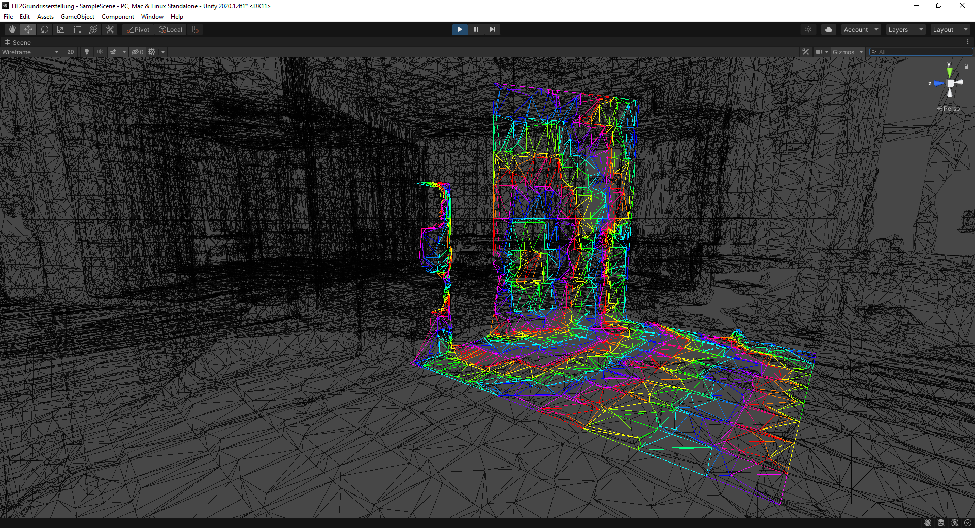 Die Nachbarbeziehungen der Polygone eines Umgebungsmeshs werden hervorgehoben.