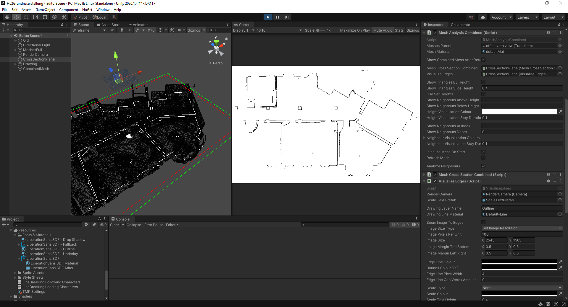 Ein Grundrissplan wird im Unity-Editor erstellt und am ursprünglichen Umgebungsmesh visualisiert.