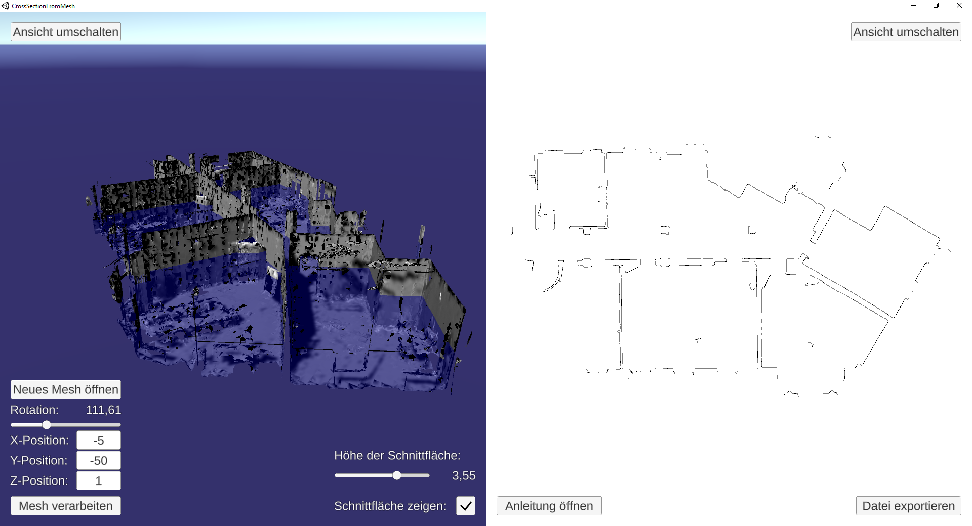 Ein Grundrissplan wird erstellt und am ursprünglichen Umgebungsmesh visualisiert.