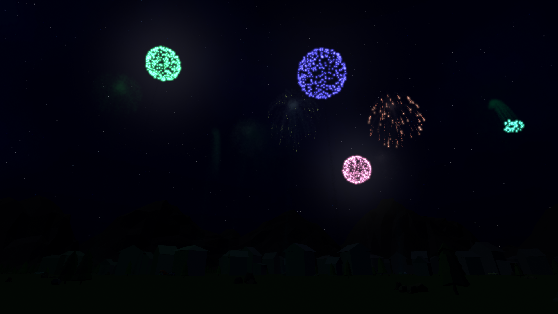 Verschiedene Feuerwerkseffekte am Nachthimmel über einer Kleinstadt.