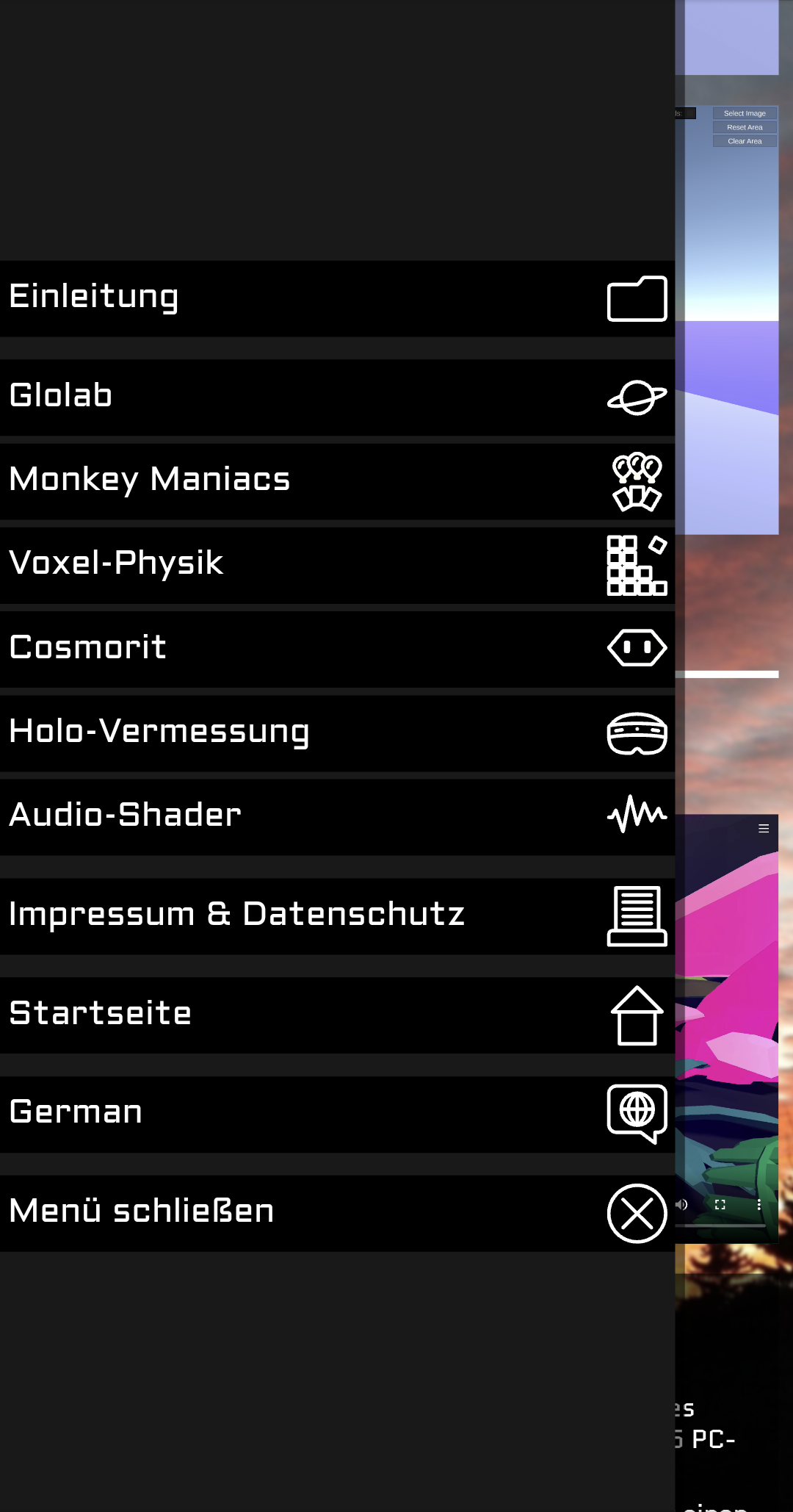 Die geöffnete Seitenleiste in der mobilen Version der Seite.