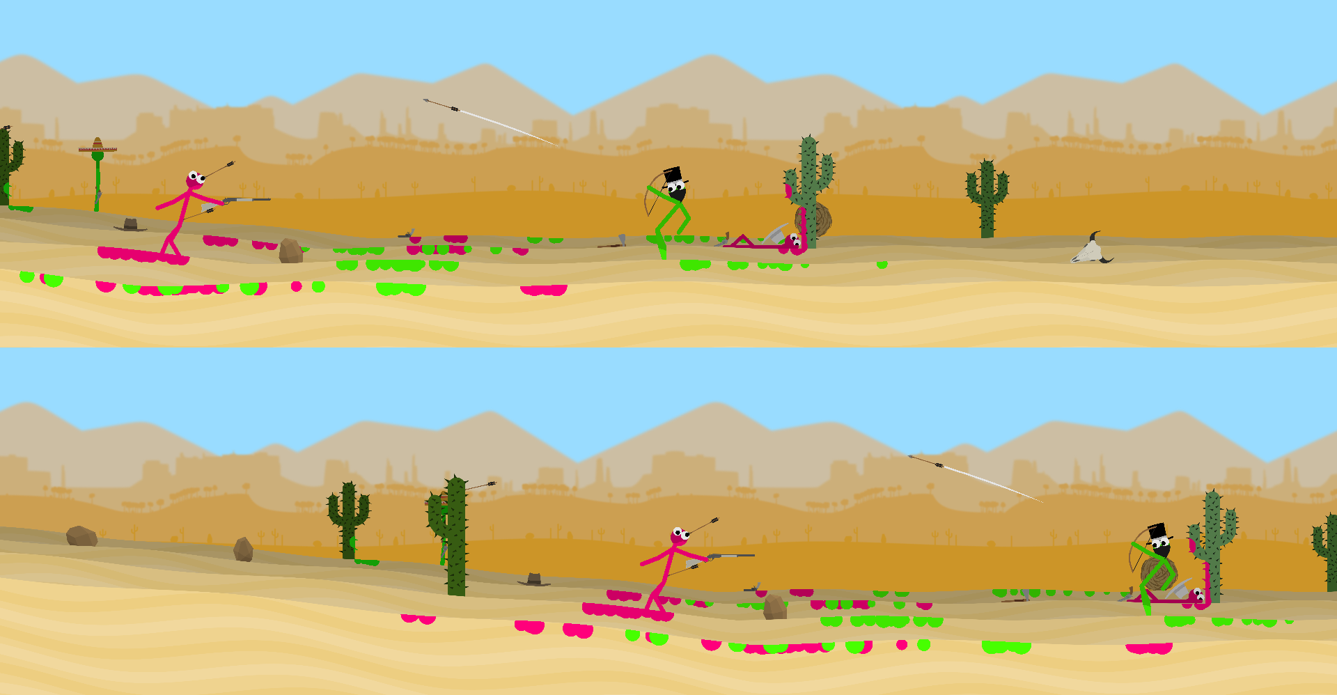 Zwei Leute spielen zusammen in einer Wüste und bekämpfen sich mit verschiedenen Waffen.