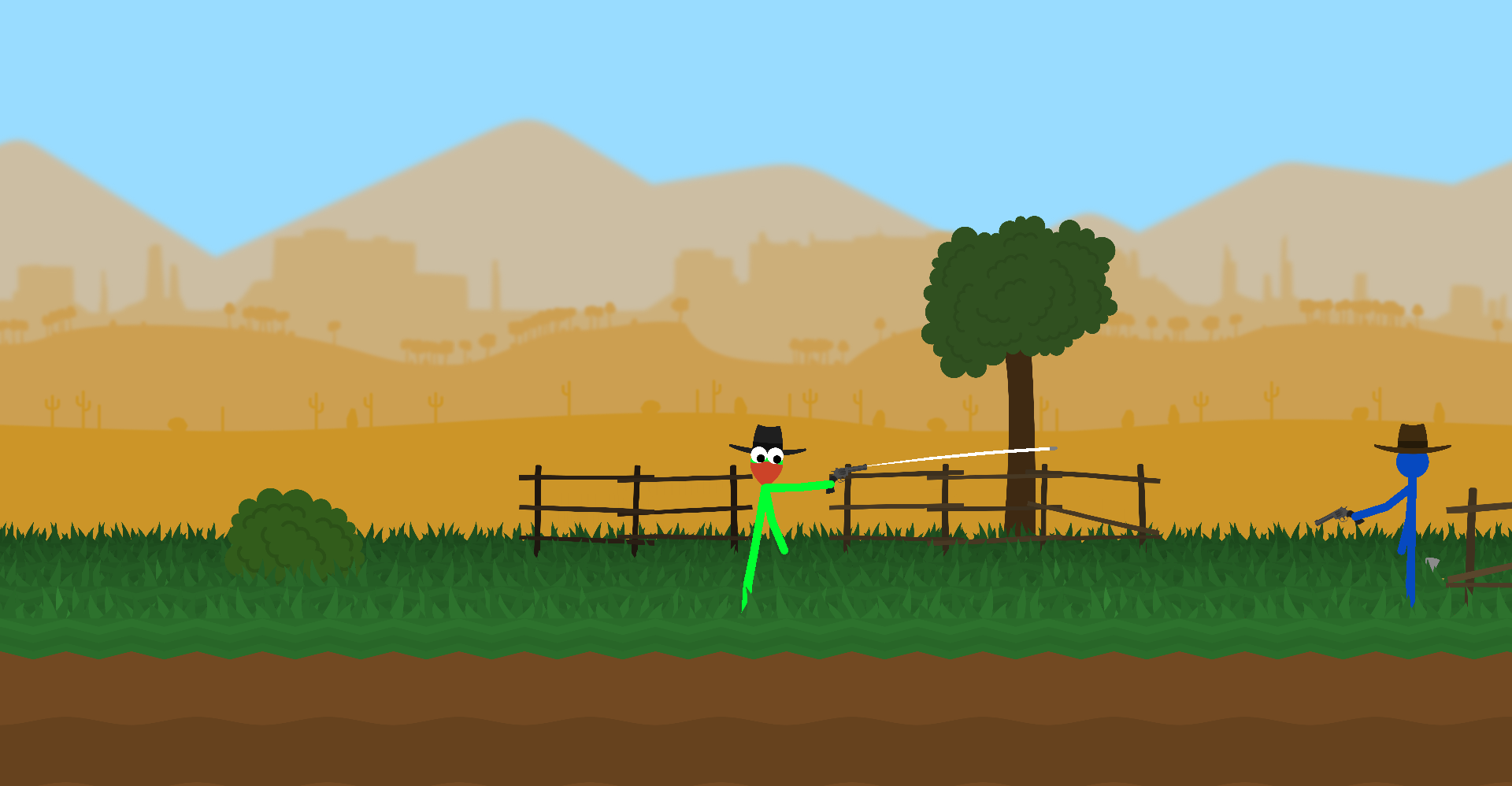 Ein Spieler in einer Grasslandschaft duelliert sich mit einem NPC.
