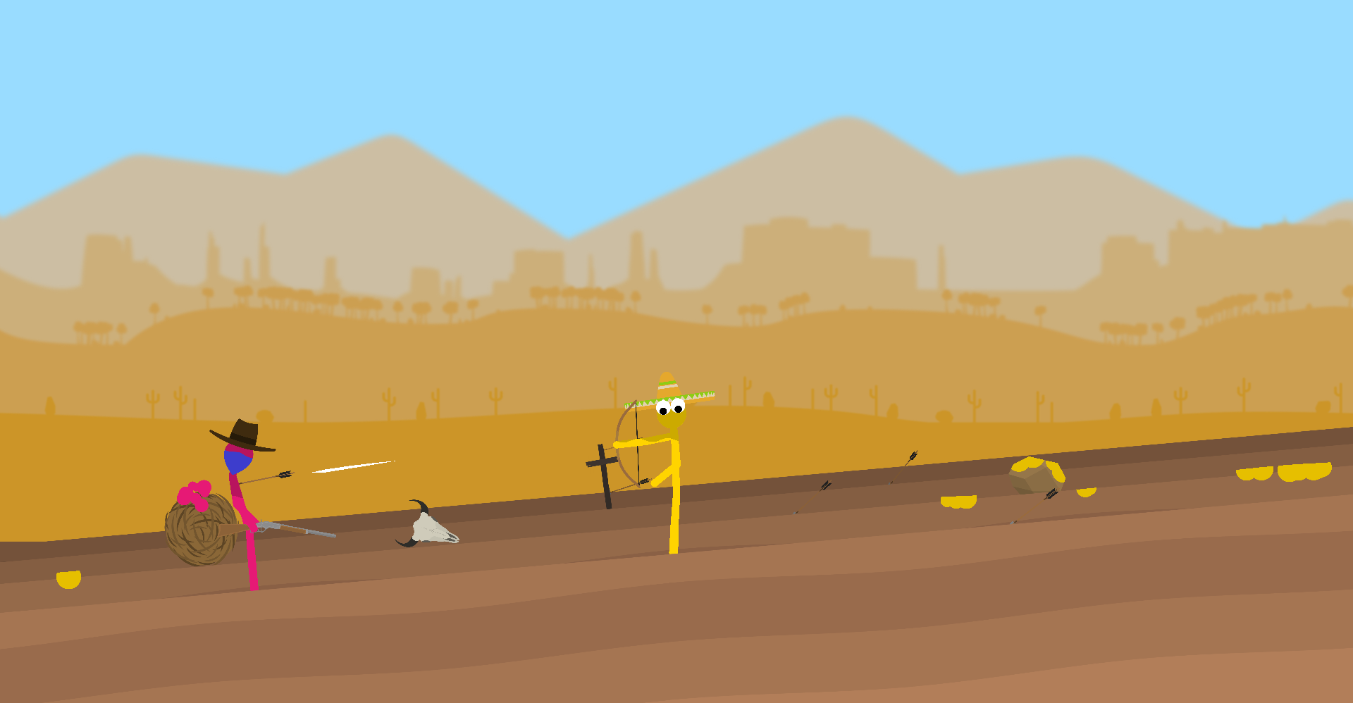 Ein Spieler in einer Einöde greift mit einem Bogen einen NPC an.