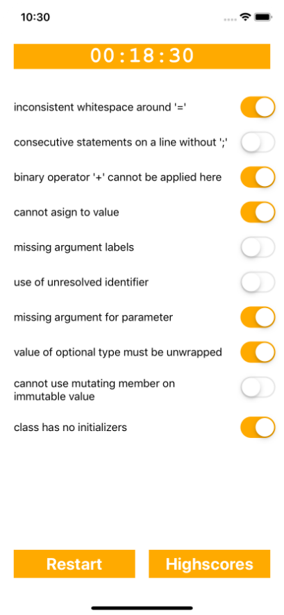 Ein laufendes Spiel mit einer Mischung aus deaktivierten und aktivierten Schaltern sowie hochzählendem Timer.