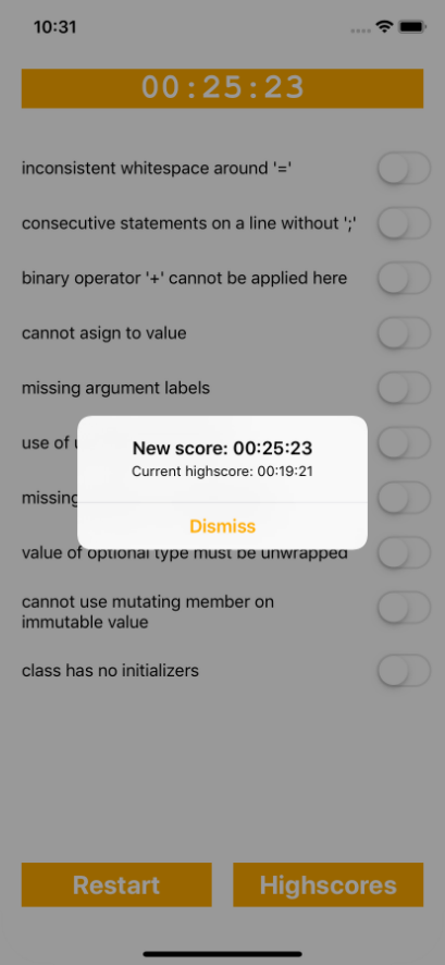 Ein abgeschlossenes Spiel mit deaktivierten Schaltern, eingefrorenem Timer und Popup-Fenster, das die neue Punktzahl mit dem Highscore vergleicht.